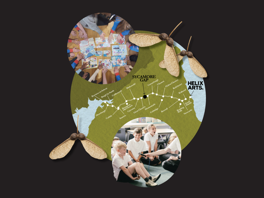 Image of some participatory workshops and a map of the north of England with Hadrian's Wall marked on it. There are sycamore seeds around the outside of the image.